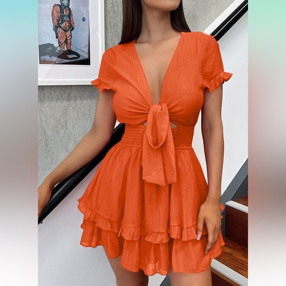 Summer Mini Dress Tie Front V Neck Short Sleeve Ruffle Layer A-Line Short Dress - Picture 4 of 4